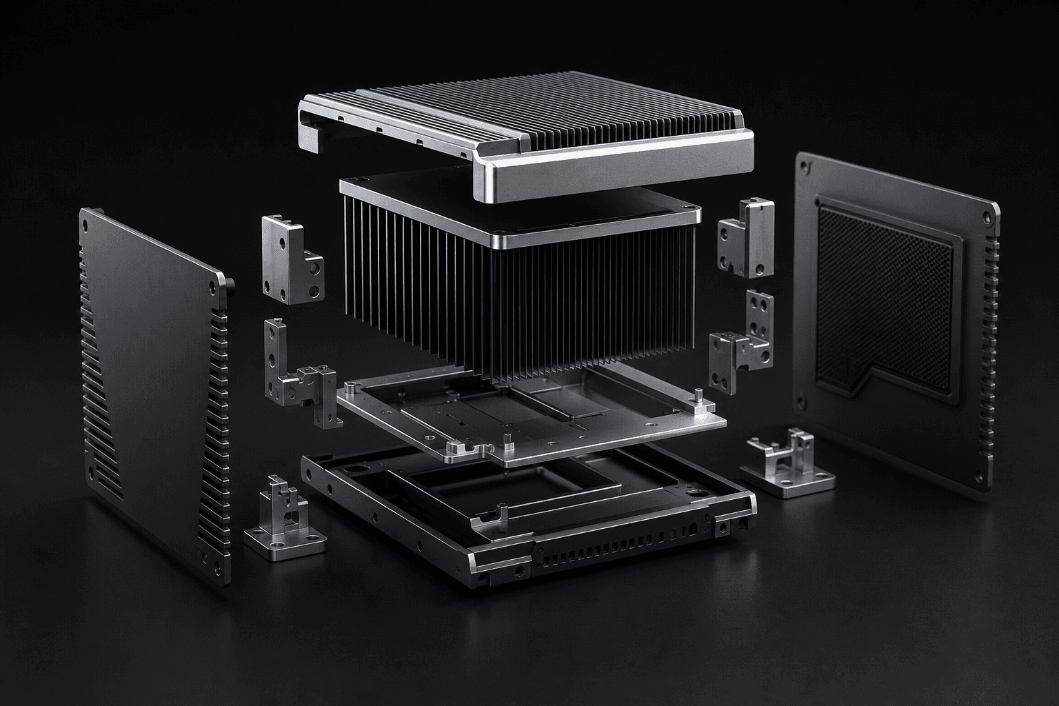 Representative visualization of anonymous AI hardware mechanical systems arranged as an exploded engineering assembly.