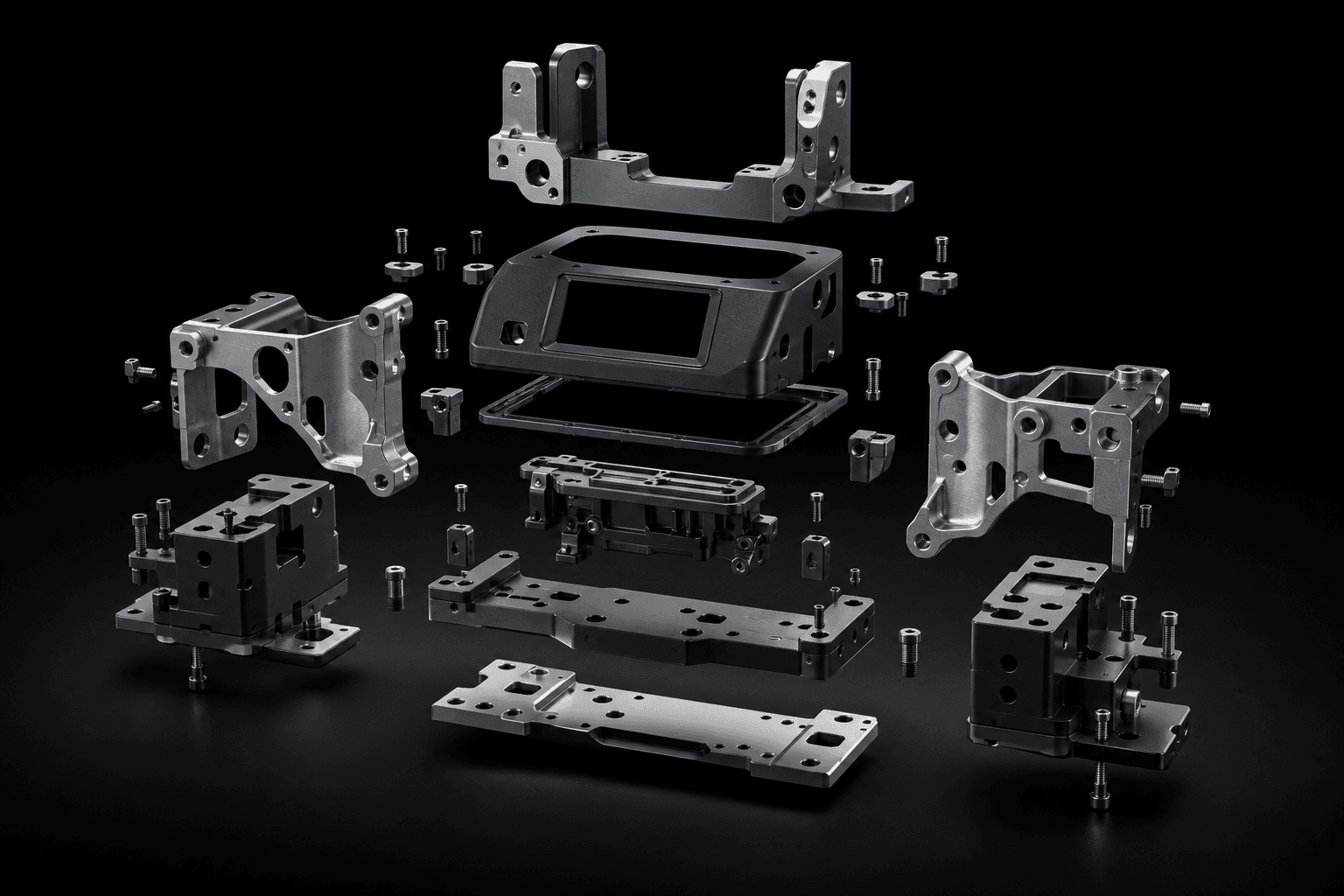 Representative visualization of anonymous automotive prototype components arranged as an engineering display.