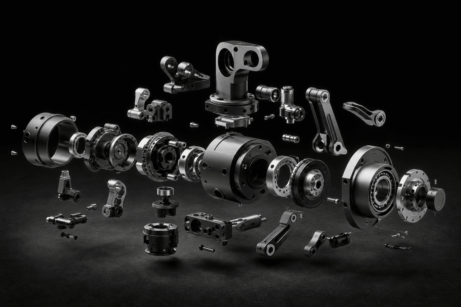 Representative visualization of anonymous humanoid robotics prototype components arranged as an exploded engineering assembly.