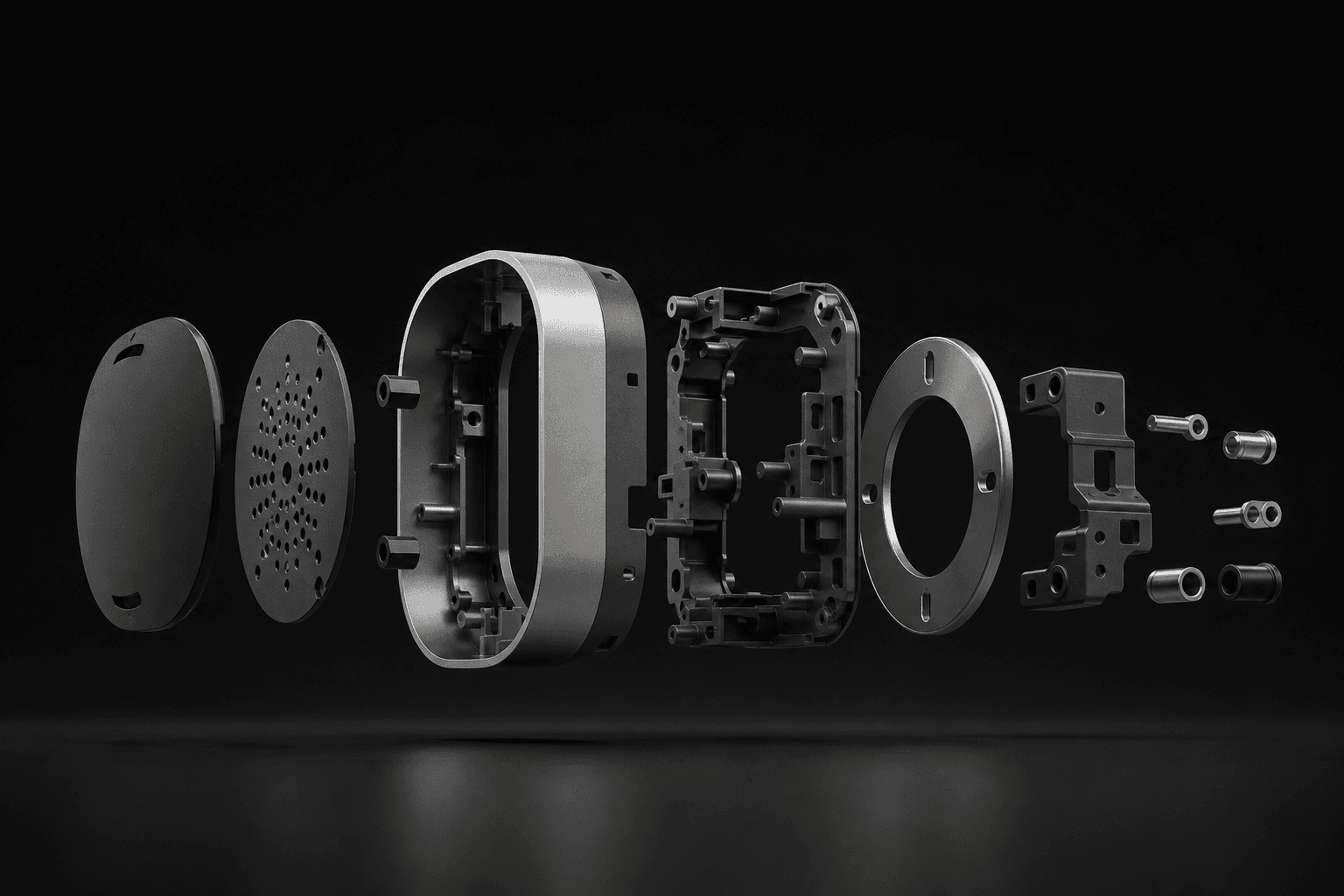 Representative visualization of anonymous smart home device components arranged as an exploded engineering assembly.
