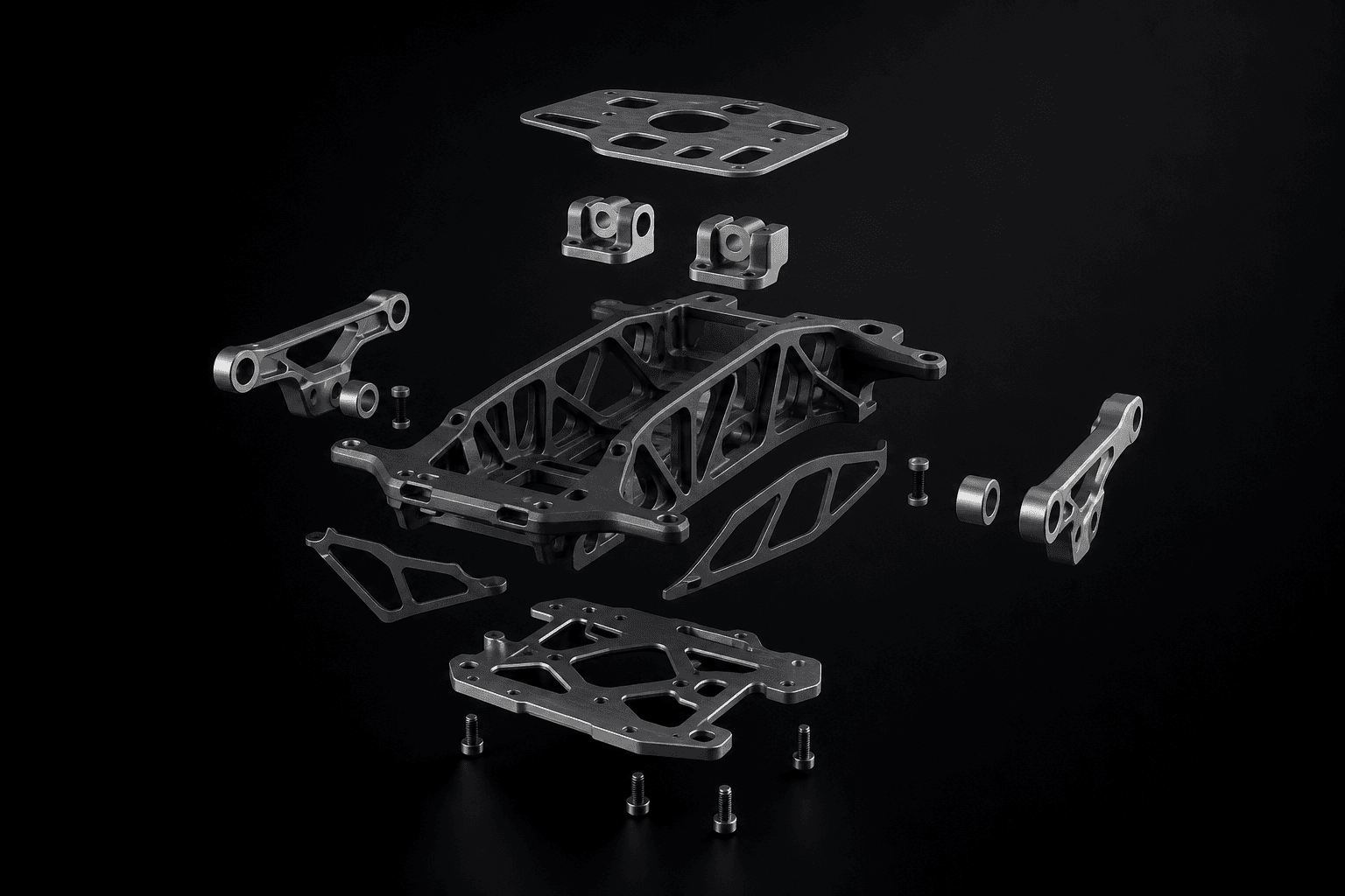 Representative visualization of anonymous UAV structural components arranged as an exploded engineering assembly.