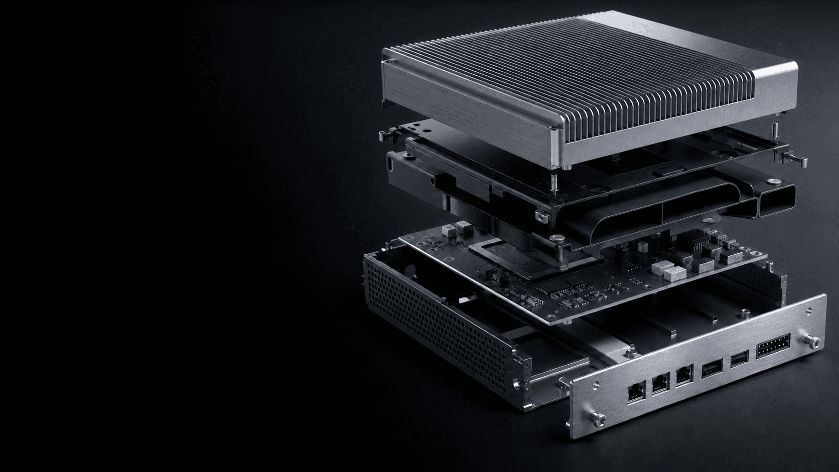Conceptual CGI render of an unbranded edge-compute enclosure with thermal, fabricated, and polymer components