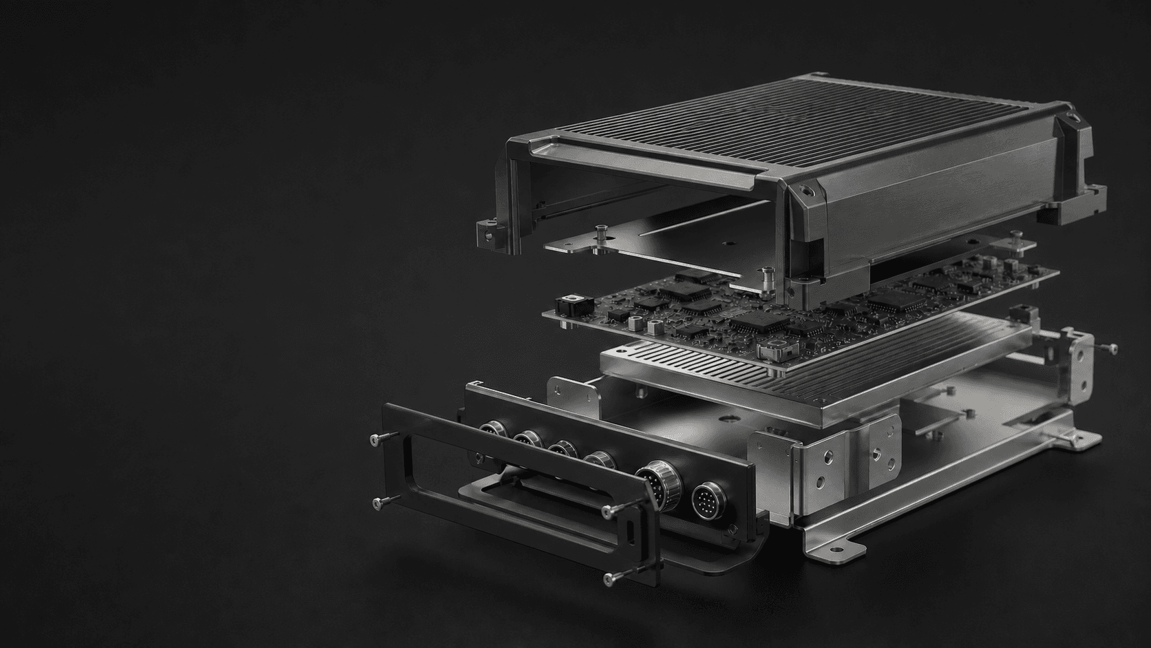 Conceptual CGI render of an unbranded electronics enclosure with machined, fabricated, and polymer components