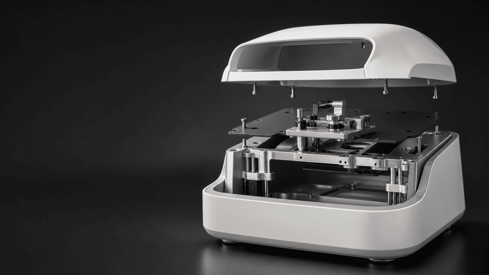Conceptual CGI render of an unbranded non-clinical instrument development enclosure and test fixture