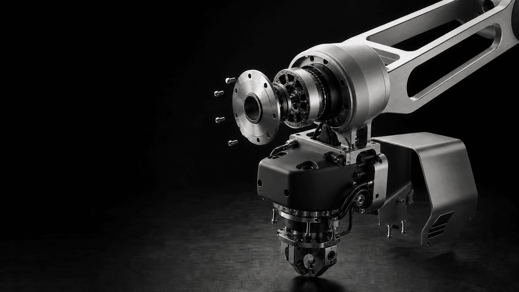 Conceptual CGI render of an unbranded robotic joint assembly with machined, fabricated, and polymer components