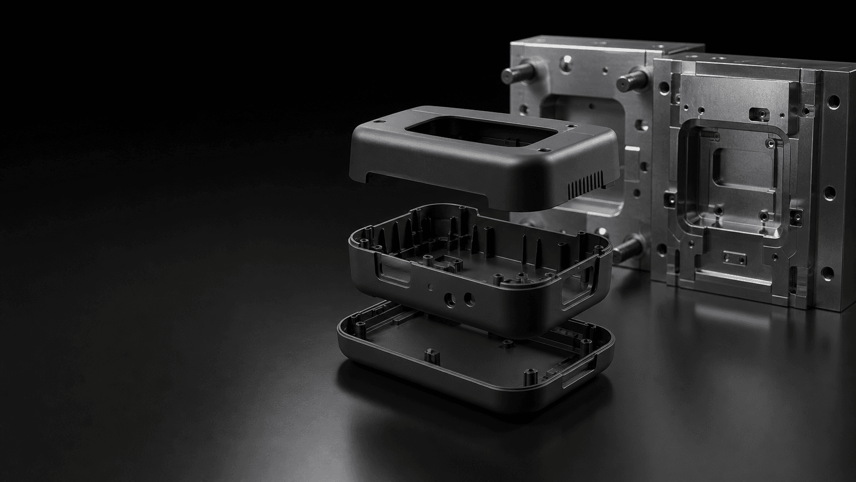 Conceptual CGI render of a precision-molded product enclosure with tooling forms in a dark studio