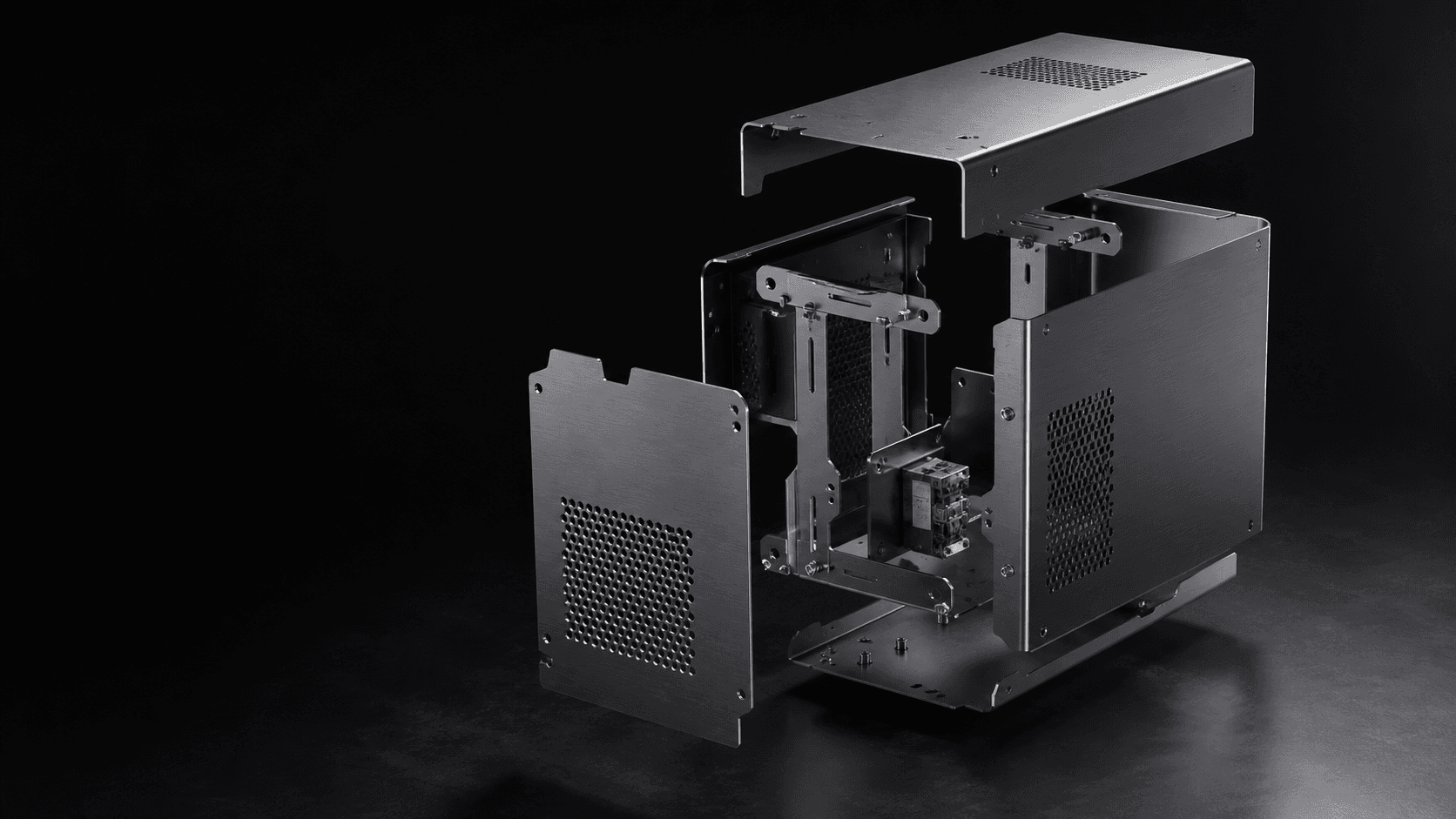 Conceptual CGI render of a precision folded metal enclosure and structural sheet metal components